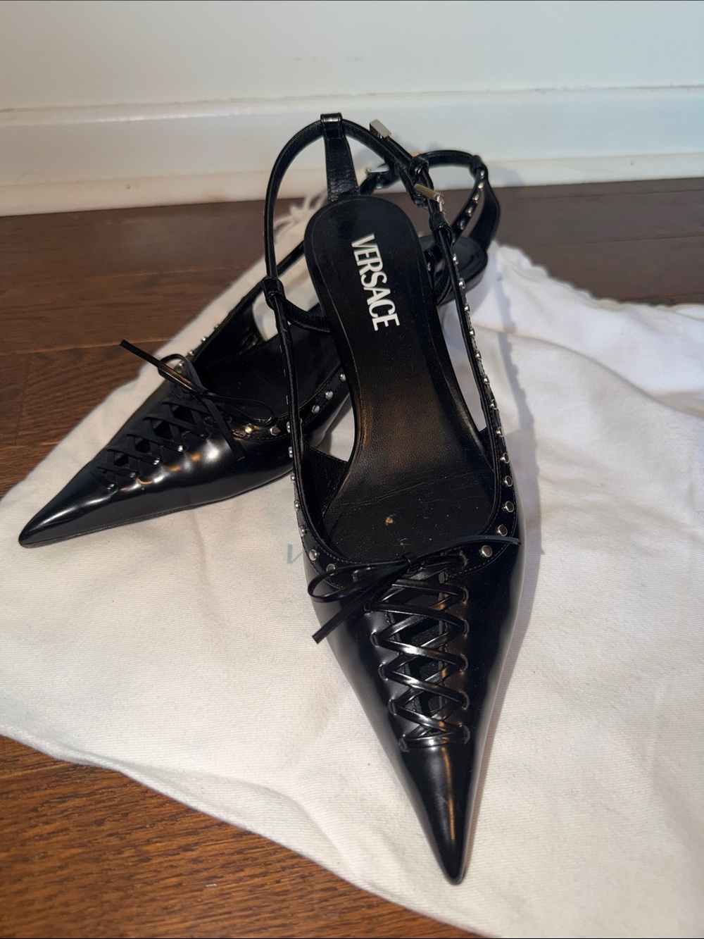 Versace Black Pointed Lace-Up Slingback Heels